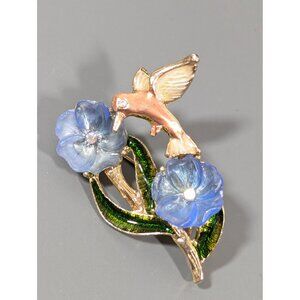 Vintage Hummingbird Pin Brooch Blue Lucite Flowers Gold Tone